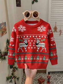 Boys' Christmas Knit Reindeer Pattern Jacquard Round Neck Sweater Long Sleeve Pullover Autumn Winter - Red - View 3