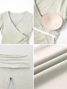 TimeOff Women's One Set Solid Color Cross V-Neck Long Sleeve V-Fold High Waist Mid-Length Pants Set - Apricot - View 5
