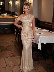 Women's Elegant Gold Sequin One-Shoulder Long Evening Dress, Ruffle Design, Slim Fit, Suitable For Formal Occasions - Apricot - View 2