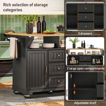 Kitchen Island, Cabinet, Sideboard 120 X 40 (80) X 95, Extendable Kitchen Trolley With Casters, Extendable On Both Sides, With Towel Rail And Spice Rack, Two, Three Drawers, Black/White - Black + MDF - View 6