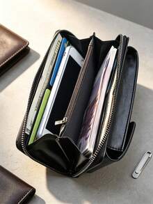 1pc PU New Men's Long Wallet, Multi-Card Slots, Zipper, Snap Button, Vintage, Large Capacity Phone Multifunctional Clutch Bag, Cards, Cash, Coins Can Be Organized And Stored, Classic Low-Key Appearance Suitable For Commuting, Business Travel And Other Scenarios, Durable And Practical For Men's Daily Use - Black - View 10