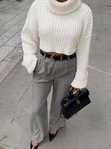 Women's Autumn/Winter Solid Color Ribbed Minimalist Cropped Long Sleeve Loose Fashion Knit Pullover - White - View 9