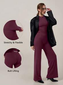 TimeOff Women's One Set Solid Color Round Neck Slim Fit Long Sleeve Top High Waist Butt-Lifting Flared Pants - Purple - View 11