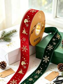 1 Gulungan Pita Beludru Merah & Hijau 2,5cm dengan Foil Emas, Motif Manusia Salju & Kepingan Salju Musim Dingin, Cocok untuk Pembungkus Kado Natal, Kotak Kado, Dekorasi Liburan DIY, Buket, Karangan Bunga, dan Dekorasi Pohon Natal - beraneka warna - View 8