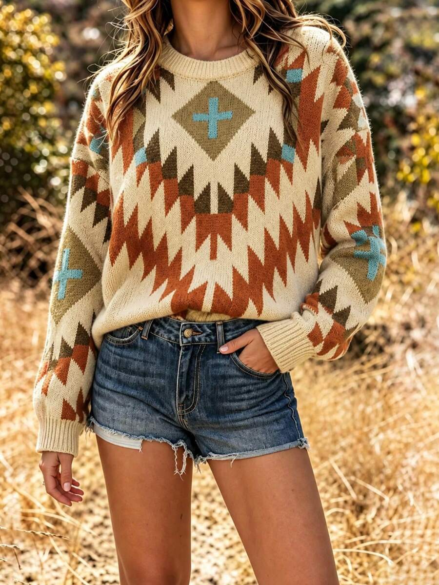 Women's Autumn/Winter Western Cowboy Style Geometric Cactus Jacquard Pattern Round Neck Long Sleeve Loose Knit Pullover Top, Suitable For Travel, Casual And Daily Wear - Multicolor - View 1