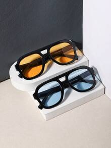 RENNES 2 PCS Men Double Bridge Aviator Fashion Glasses, Solid Black Square PC Frame, Solid Color Lens For Daily Wear Streetwear With Glasses Box - Multicolor - View 5