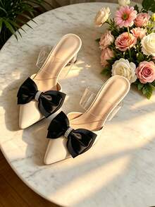 1 Pair Korean Style Premium Black Polyester Ribbon Bow With Rhinestone Shoe Flower Decor, Detachable Versatile Women's Shoe Accessory/Shoe Flower Only, Shoes Not Included - Black - View 3