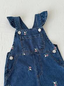 Baby Floral Embroidered Denim Adjustable Shoulder Strap Overalls, Loose Rolled Hem Long Pants For Boys And Girls - Navy Blue - View 12