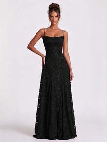 Women's Floral Embroidery Ruched Elegant Waist Formal Party Evening Gown Dress - Black - View 4