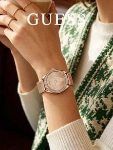 GUESS Gentle Rose Gold Women's Watch With Rhinestone Bezel, Fine Mesh Steel Band, Niche Luxury Casual Wristwatch - Rose Gold - View 4