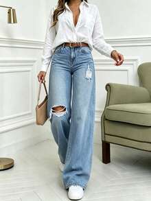 Petite Women's Distressed Cat Whisker Wash Denim Jeans, Suitable For Petite Women Daily Commute, Solid Color With Pockets And Zipper Closure - Medium Wash - View 1