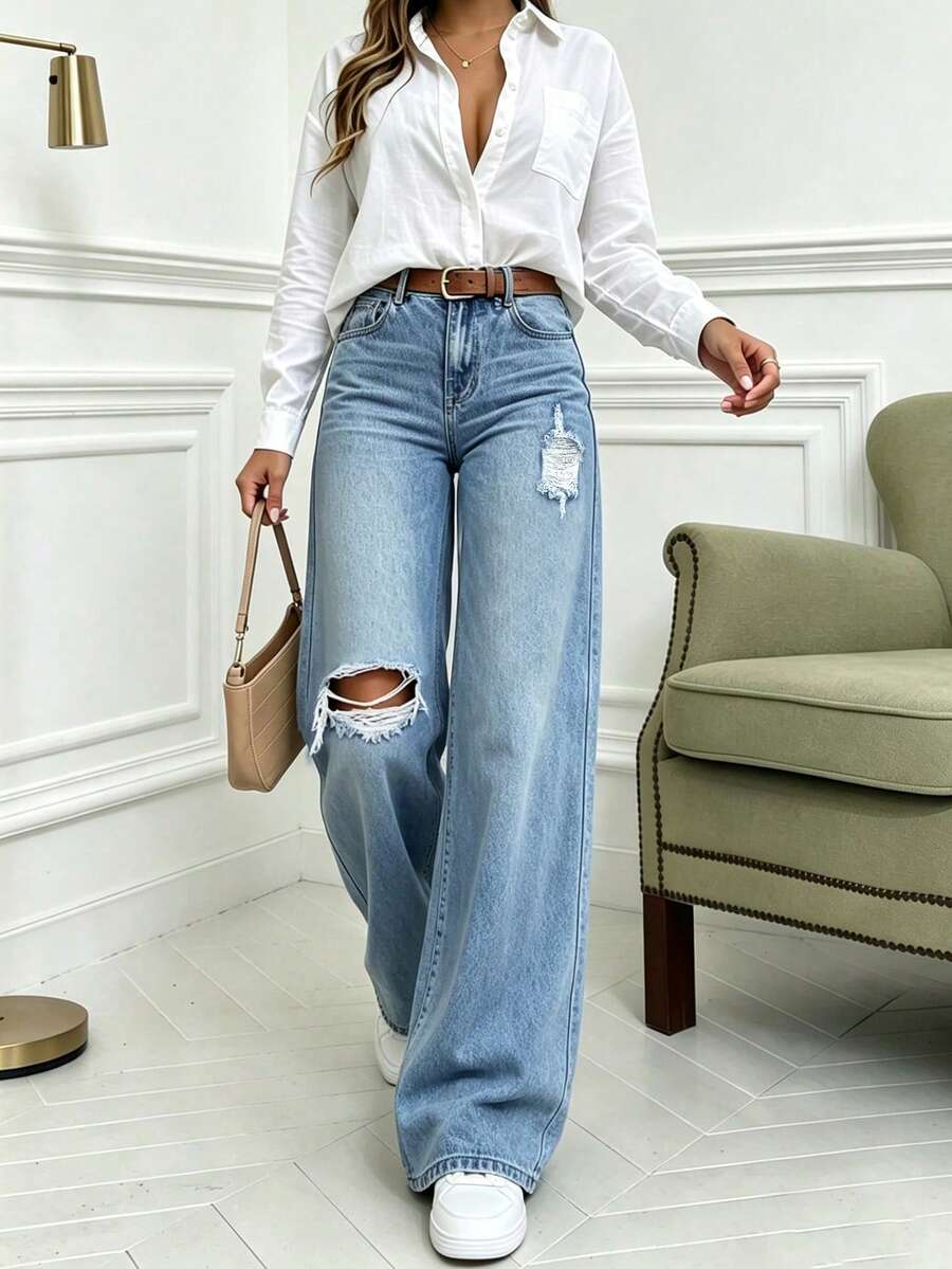 Petite Women's Distressed Cat Whisker Wash Denim Jeans, Suitable For Petite Women Daily Commute, Solid Color With Pockets And Zipper Closure - Medium Wash - View 1