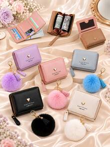 Dompet Kecil Wanita Lucu dengan Gantungan Kunci Pom Pom, Dompet Pendek Kulit PU Bentuk Hati yang Manis, Set Hadiah Dompet Koin Mini dengan Banyak Slot Kartu - MultiWarna - View 4