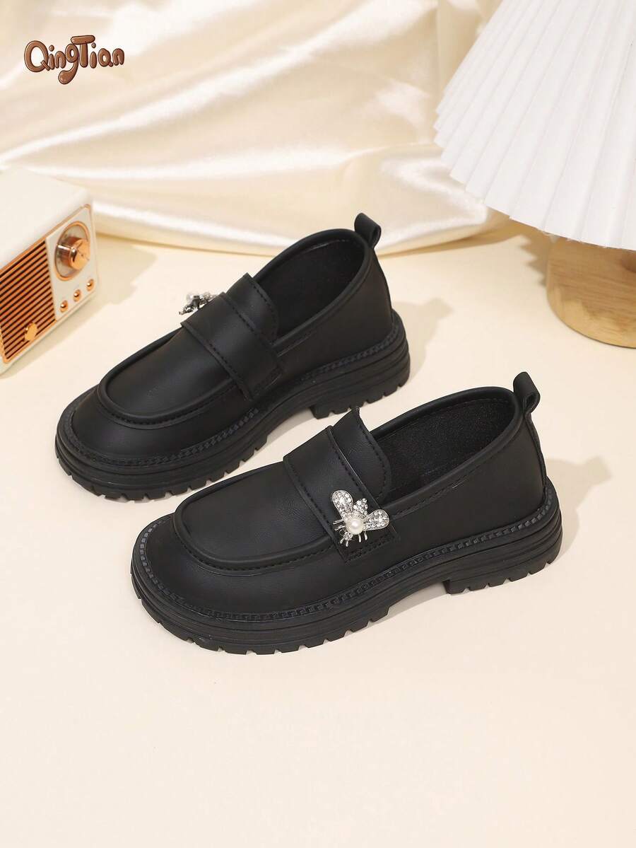 1 Pair Fashionable Cute Bow PU Pearl Hook Loop Non-Slip Durable Comfortable Versatile Girls' Flat Shoes, Suitable For Spring/Autumn Outdoor, Daily, Party And School Wear, Mary Jane Loafers - Black - View 1