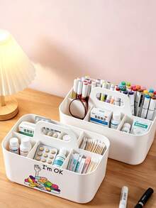 Cute Cartoon Pill Print Multi-Grid Handheld Storage Box, Large Capacity Stackable Desktop Organizer, Stable And Anti-Tip, Portable Large Capacity Snack Box, Makeup Box, Office Desktop Storage Basket, Kitchen Bathroom Handheld Basket - Multicolor - View 7