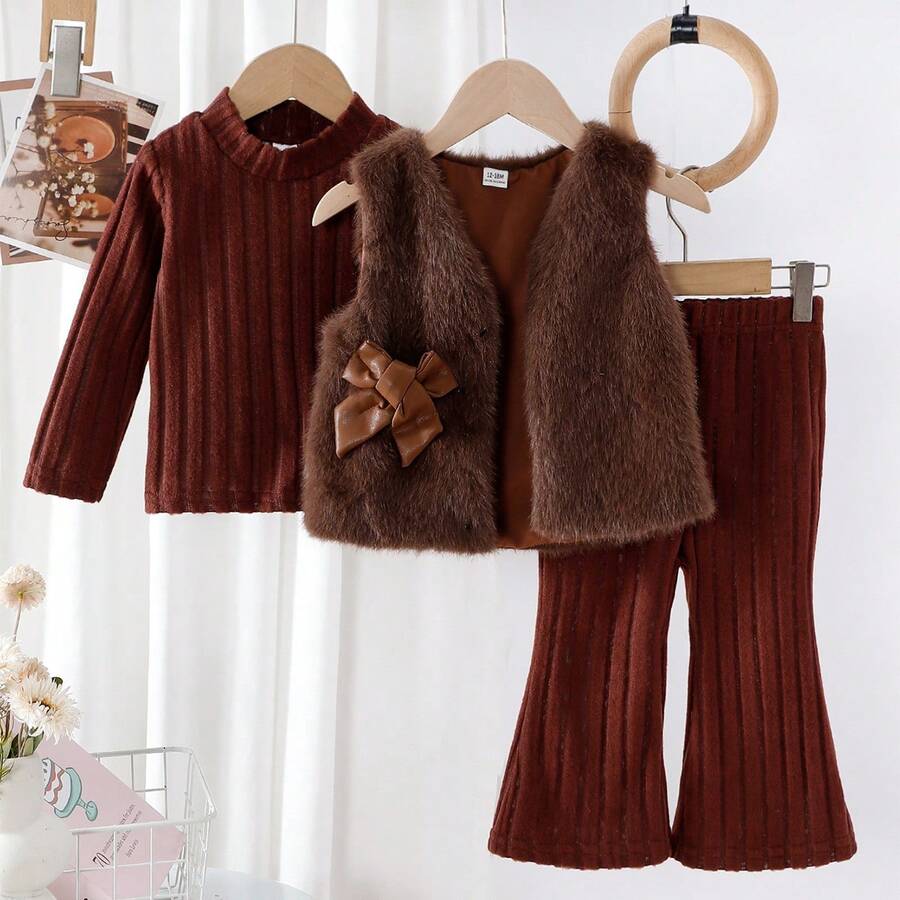 Baby Girl Autumn/Winter 3-Piece Set, Brown Ribbed Long Sleeve Top Paired With Matching Flared Pants, Outer Layer With Bow-Decorated Plush Vest, Soft Fabric In Deep Brown Color, Elegant And Sophisticated Look, Perfect For Autumn/Winter Outfits - Coffee Brown - View 1