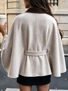 Women's Autumn/Winter Commuter Color Block Patchwork Notched Collar Tie Waist Metal Buckle Short Cape Coat Dopamine Style - Apricot - View 6
