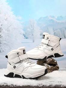 Kids Warm Fleece Lined Snow Boots, Non Slip High Top Outdoor Winter Boots With Magic Strap - White - View 9