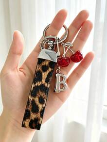 26 Alphabet Letter Keychain Pendant Creative Leopard Print PU Rope Key Strap, Cherry Charm, Car Keychain Pendant, Bag Charm Accessory, Key Decoration Accessory, 26 Letters To Choose From, Meaningful Gift For Family And Friends On Holidays - Brown - View 3