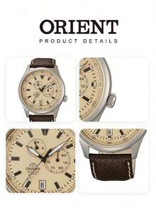 Men's ORIENT Automatic Mechanical Watch Dark Brown Grained Leather Strap Cream Beige Multi-Subdial Dial Vintage Watch For Daily Commute Outdoor Trip - Brown - View 5