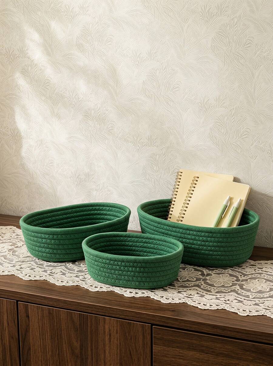 Cirelle 3pcs/1pc Large Capacity Oval Handwoven Storage Basket, Bohemian Style Rope Woven Basket, Suitable For Kitchen, Bathroom, Clutter, Bedroom, Living Room, Dorm, Desk, Vanity, Home Decor, Bathroom Storage, Also Suitable For Storing Snacks