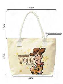 Miniso Disney Toy Story Sheriff Woody Canvas Tote Bag, Beige With Handle, Shoulder Bag, Daily Use - White - View 6