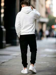 2pcs Men's Fashion Minimalist Cracked Texture Letter Iridescent Color-Changing Casual Drawstring Pants & Hoodie Sweatshirt Set, Perfect For Spring, Autumn, Winter Outdoor, Streetwear, Daily Wear - Black - View 3