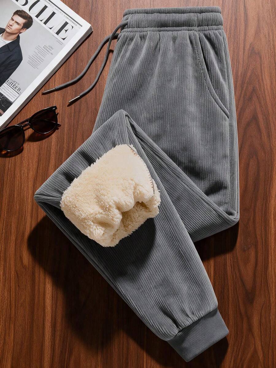Men's Winter Thermal Lined Elastic Waist Drawstring Pocket Corduroy Tapered Sweatpants Long Pants - Grey - View 1