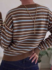 Women's Casual Relaxed Colorblock Striped Pullover Knit Sweater, Ribbed Cuffs Loose Flattering Fit, Versatile Layering Top For Commute, Autumn/Winter, Lazy Vibe - Brown - View 2