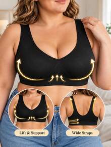 Women's Seamless Wireless Bra, No Padding, Comfortable Soft Elastic Wide Strap V-Neck Sleep Yoga Daily Crop Top - Black - View 1