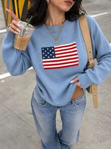 Sweater Wanita Terbaru untuk Hari Kemerdekaan, Leher Bulat, Warna Biru, Motif Bendera Amerika, Kerah Bergaris, Atasan Rajut Kasual Serbaguna untuk Pemakaian Sehari-hari - Biru - View 2