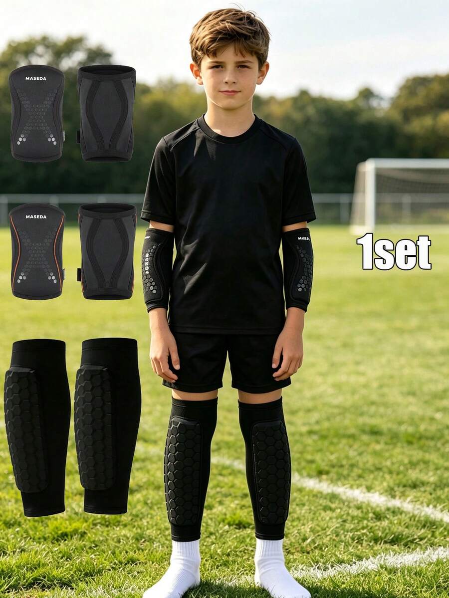 1 Set Children's Sports Protective Gear, Including Leg Guards And Elbow Pads, Professional Leg Protection, Honeycomb Pattern Elbow Pads And Leg Guards - Multicolor - View 1
