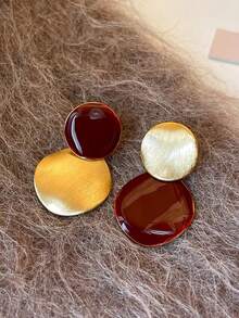 1 Pair Vintage Hong Kong Style Red Oil Drop Round Disc Earrings, Suitable For Women's Daily And Holiday Wear - Golden Yellow + Burgundy - View 6