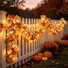 2pcs Autumn Maple Leaf & Pumpkin Artificial Vine Hanging Decor, Orange-Yellow Maple Leaves Paired With Pumpkins, Recreating Deep Autumn Texture, Suitable For Thanksgiving, Halloween And Autumn Party Occasions (Pure Handmade Artificial Plants, Normal Shedding May Occur, Does Not Affect Normal Use) - Multicolor - View 5