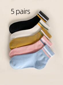 1/5 Pairs Women's Casual Boat Socks, Classic Striped Cuff Solid Color Soft Breathable Socks, Daily Campus Style Socks - Multicolor - View 7