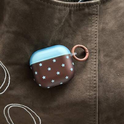 Korean Style Creative Autumn/Winter Blue & Brown Color Block Star With Ring Earphone Case Compatible With AirPods 5 New Pro 3 Protective Cover Pro 2/Pro Cute Apple 4 Minimalist 3 Personalized 1/2 Generation Women's Earphone Case Protective Cover Spring/Summer Earphone Case/Birthday Gift/Holiday Gift