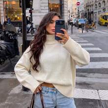 Women's Solid Color High Neck Knitted Sweater, Drop Shoulder Long Sleeve Pullover, Minimalist Aesthetic Loose Fit, Suitable For Daily Wear, Dating, Street Style, Weekend Outings - Off-white - View 1