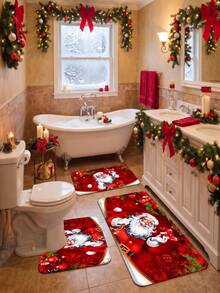 1pc/3pcs Christmas Series Santa Claus Pattern Bathroom Rug Set, Velvet Material, Kitchen Bathroom Bedroom Washable Floor Carpet Decor, Christmas Decoration, Set Includes Bath Mat, U-Shaped Contour Mat And Vanity Mat - A - View 11