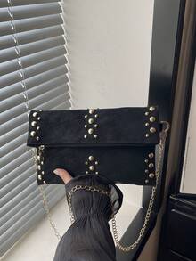 Minimalist Solid Color Handbag, Fashionable Versatile Studded Commuter Bag, Y2 Chain Flap Premium Leather Clutch, Underarm Bag, Handbag. Large Capacity Design, Suitable For Daily Outings And Workplace Outfits. - Black - View 10