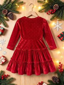 Girls' Christmas Plush Solid Color Round Neck Long Sleeve Dress, Autumn/Winter - Red - View 3