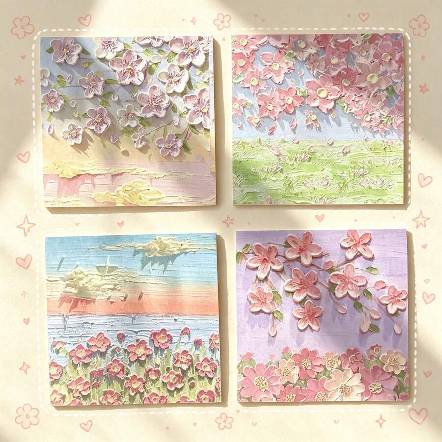 Ins Style 3D Brushstroke Oil Painting Sticky Notes, Home Desk Decor, Romantic Mountain & Flower Landscape Memo Pads, 1 Set Of 4 Designs, Suitable For Journal Decoration - Multicolor - View 1
