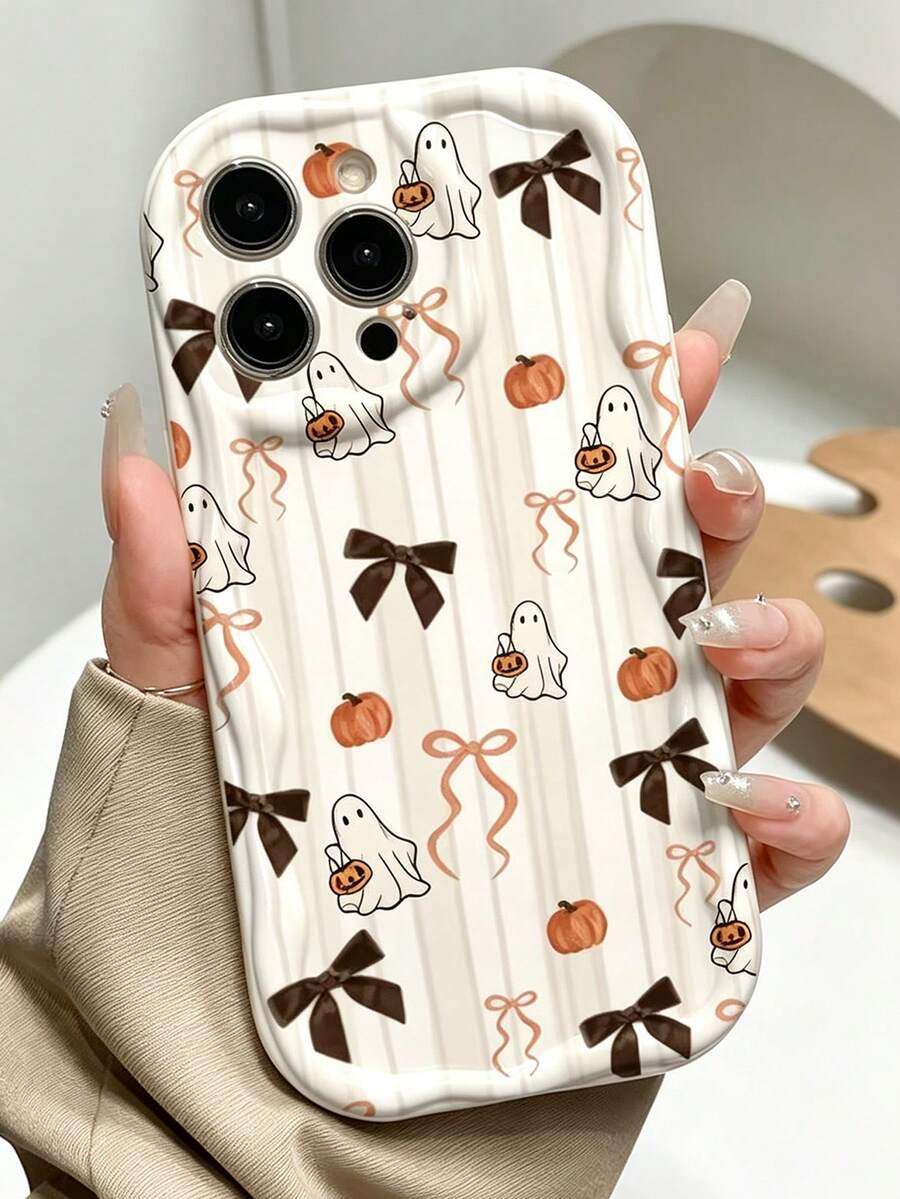 Phone Case - Cute Halloween Ghost Pumpkin Bow Stripe Pattern Shockproof Cream Wavy Edge Phone Case, Compatible With IPhone 11 12 13 14 15 16 17 18 Pro Pro Max - Beige - View 1