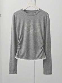 Women's Rhinestone Design Fitted Long Sleeve T-Shirt, Versatile Inner Layer Top - Grey - View 7