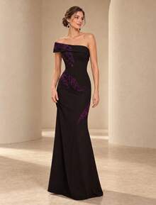 VIPGIRL Elegant Black Fitted Long Evening Dress, Strapless Asymmetrical Shoulder Design, Pleated Decorated With Shiny Sequins - Black - View 1