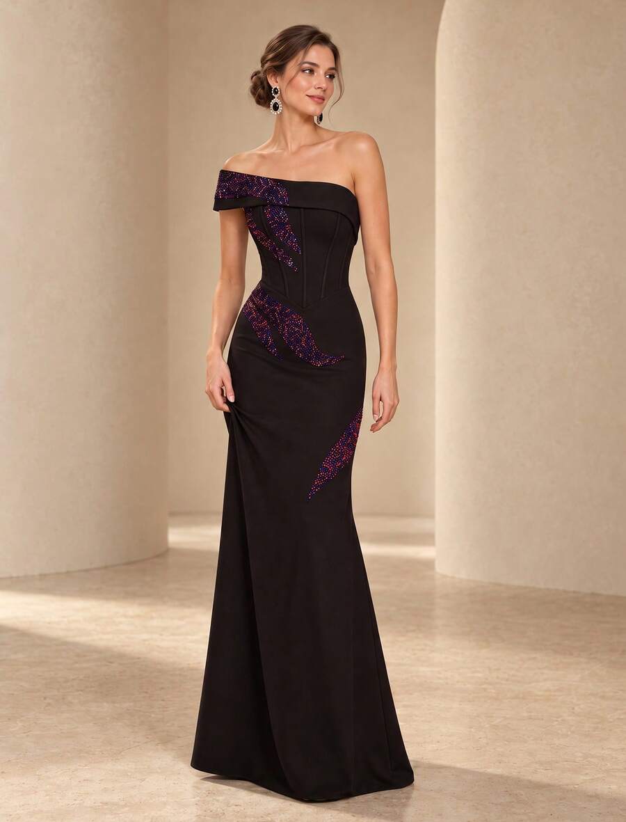 VIPGIRL Elegant Black Fitted Long Evening Dress, Strapless Asymmetrical Shoulder Design, Pleated Decorated With Shiny Sequins - Black - View 1
