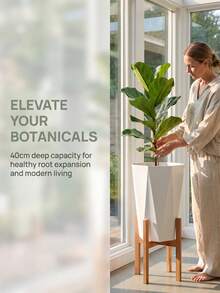 Tall Geometric Faceted Planter With Drainage Hole, White Modern Decorative Floor Pot, Suitable For Fiddle Leaf Fig, Palm, Green Plants, Large Indoor Plant Pot For Living Room And Balcony - 1 Pc - View 5