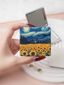 1PC Van Gogh Series Portable Vanity Mirror, Foldable Lightweight Ultra-Thin Convenient Hand Mirror, Durable PU Leather, Suitable For Multiple Scenarios And All People, Foldable Small Square Mirror, Pocket Mirror, Fresh Abstract Starry Sky Sunflower Sun Pattern Design, Exquisite Delicate Foldable Structure, Durable Reliable Drop-Resistant, Easy To Carry, Handheld Makeup Mirror, 180° Flip Cover Multifunctional - Multicolor - View 8