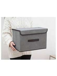 2/1pc Foldable Linen Storage Box With Handle And Lid, Stackable Fabric Storage Bin For Home Organization, Clothes And Toys Storage, For Bedroom Wardrobe, Collapsible For Space-Saving Storage When Not In Use, Breathable Linen Fabric, Dust-Proof, Protects Clothes And Items From Dust, Reinforced Built-In Handle For Easy Pulling And Moving From Shelves, Sturdy Structure, Multiple Boxes Can Be Stacked To Maximize Vertical Space In Wardrobe, Suitable For Storing Clothes, Underwear, Toys, Books And Various Items In Wardrobe And Bedroom - Beige - View 2