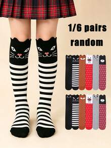 1/6 Pairs Random Kids Cute Cartoon Animal Knee High Socks, Girls Striped Polka Dot Long Boot Socks, Warm Fall Winter Stockings, Costumes For Girls - Multicolor - View 1