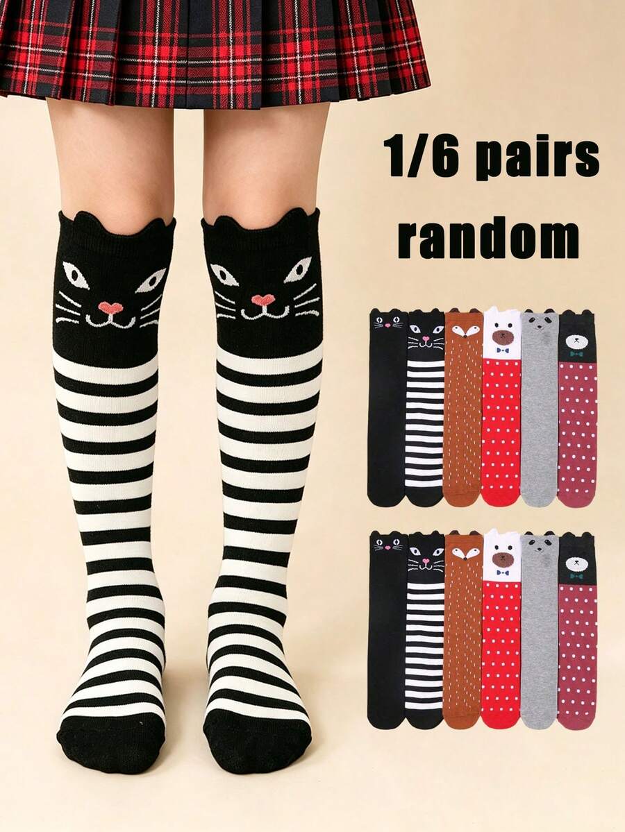 1/6 Pairs Random Kids Cute Cartoon Animal Knee High Socks, Girls Striped Polka Dot Long Boot Socks, Warm Fall Winter Stockings, Costumes For Girls - Multicolor - View 1